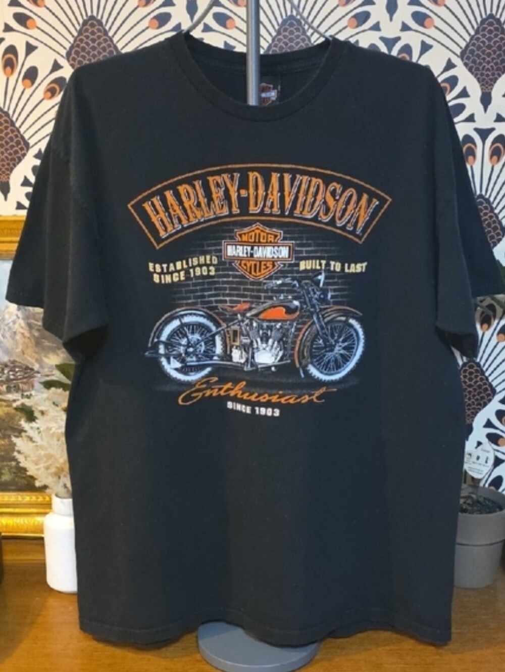 Harley-Davidson Black Short-Sleeve Tee with Orange & White Motorcycle Graphic